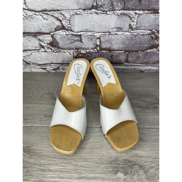 Candie's White Leather Platform Wooden Heel Sandals Women Sz 8M US/39EU Y2K 90’s - Picture 10 of 16